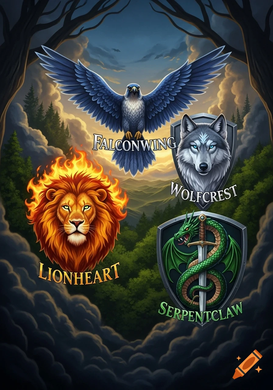 Four fantasy emblems: a falcon with 'FALCONWING', a wolf with 'WOLFCREST', a fiery lion with 'LIONHEART', and a dragon with 'SERPENTCLAW', against a forest and twilight sky.