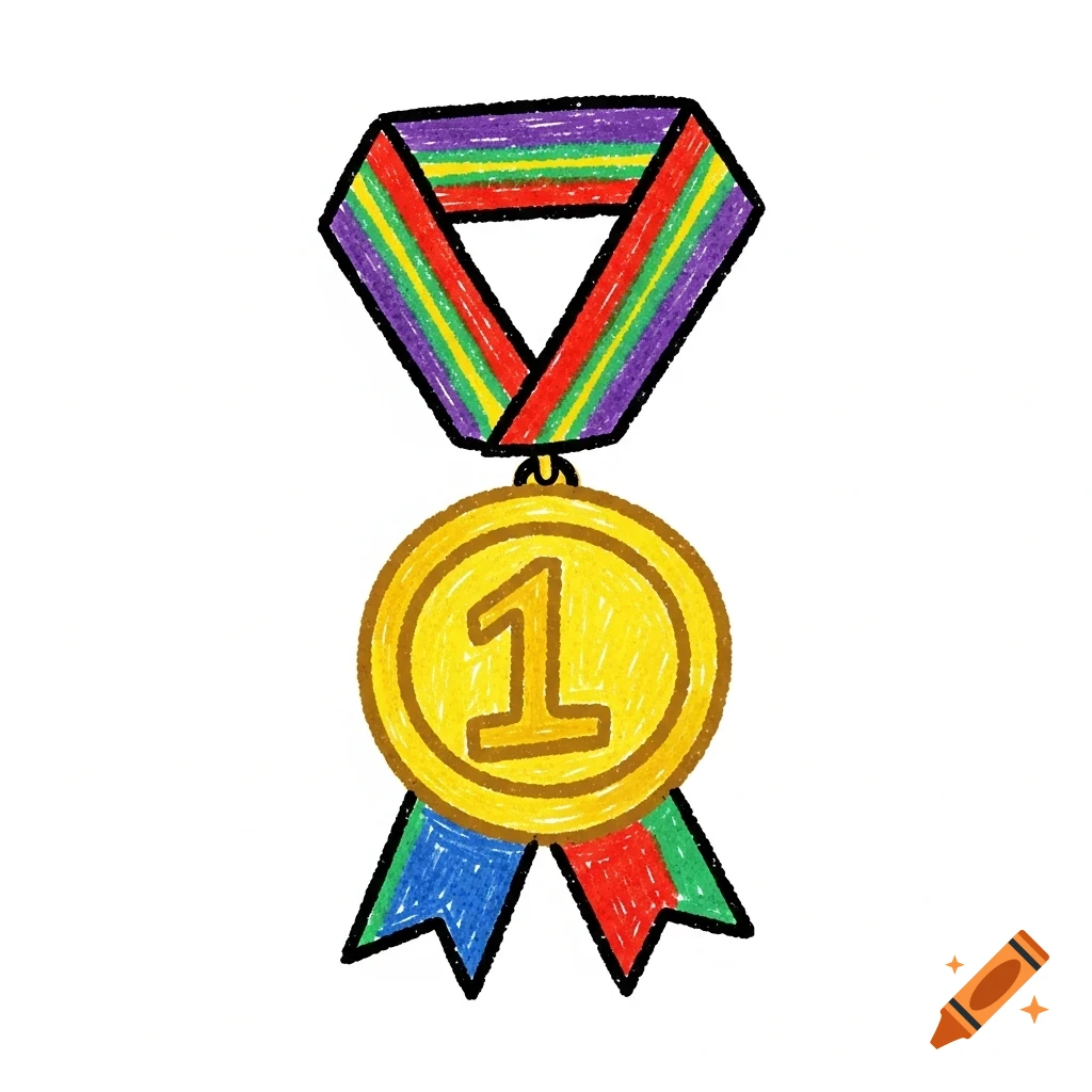 A child's drawing of a gold medal with a number 1 on it and a colorful ribbon.