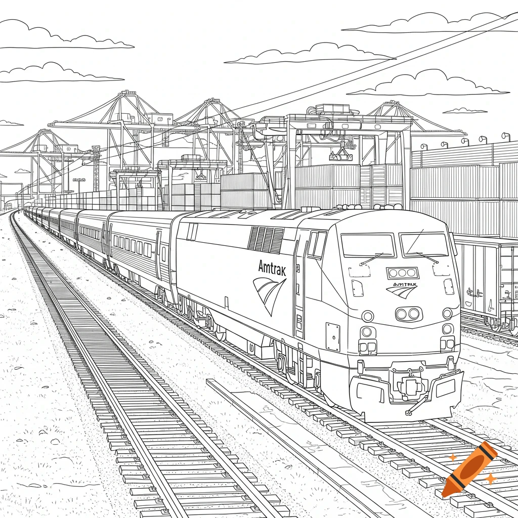 Line art coloring page of an Amtrak train with passenger cars passing through a freight yard with cranes and shipping containers.