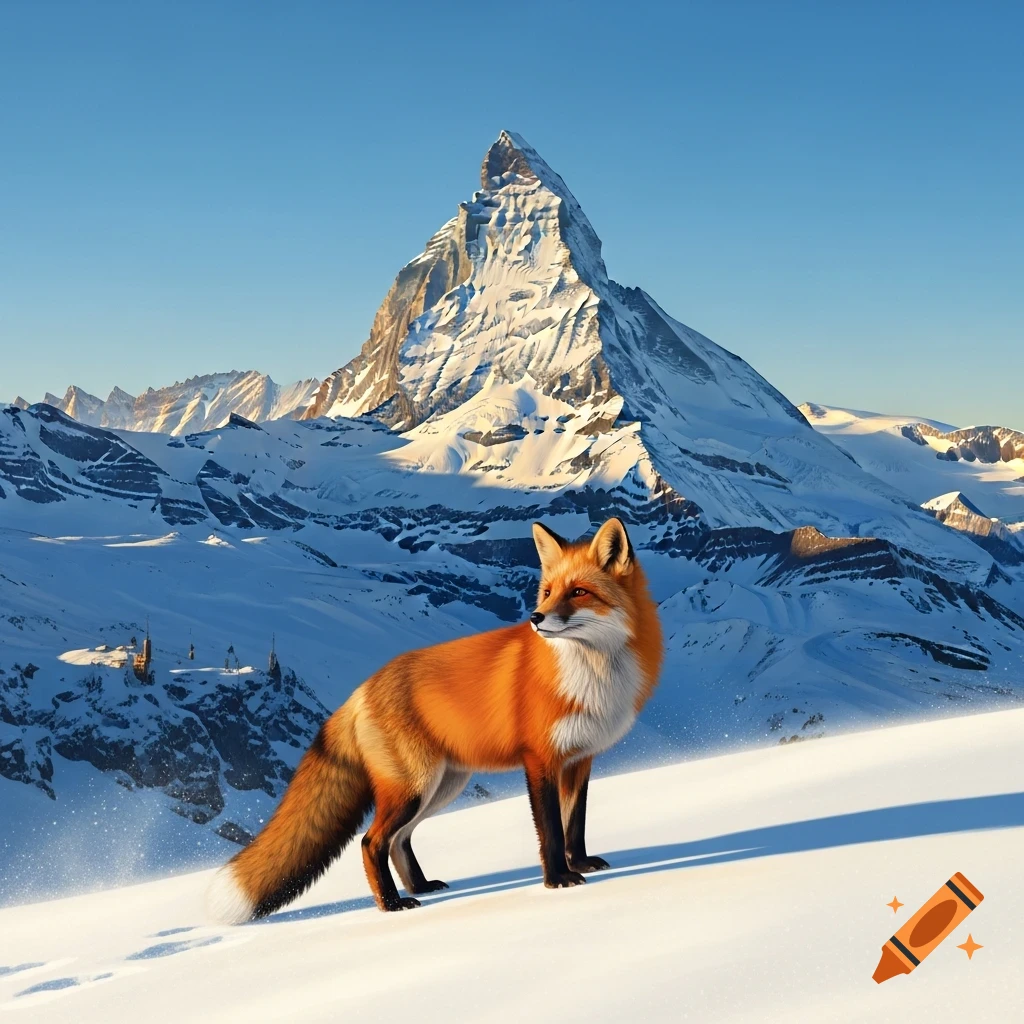 A majestic red fox stands on a snowy slope with the Matterhorn mountain towering in the background under a clear blue sky.