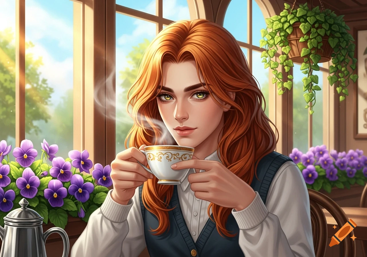 A red-haired woman with bright green eyes holds a steaming teacup in a sunlit room filled with purple flowers, digital art.