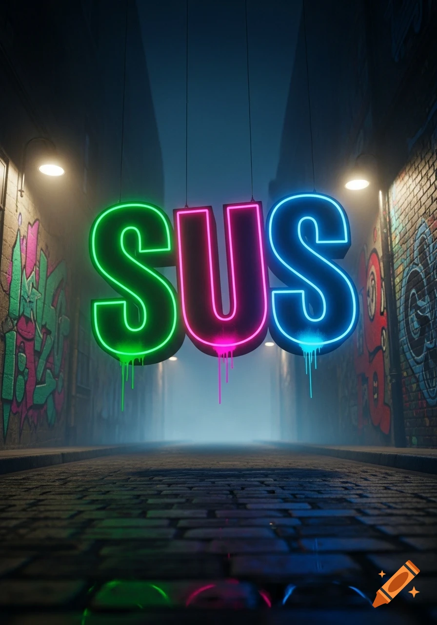 Large, vibrant neon letters spelling 'SUS' illuminate a dark, graffiti-covered urban alleyway.