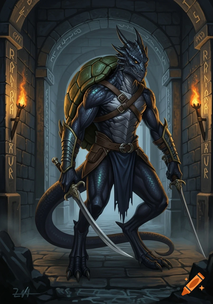 A black dragonborn with a green turtle shell, wearing armor and dual-wielding swords in a torch-lit dungeon.