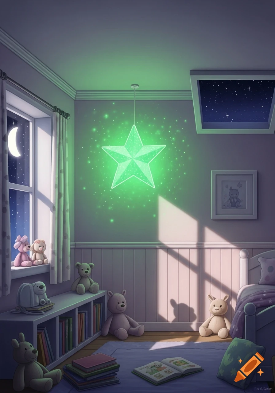 A cozy children's bedroom at night with a large glowing green star hanging from the ceiling, teddy bears, books, and moonlight streaming through a window.