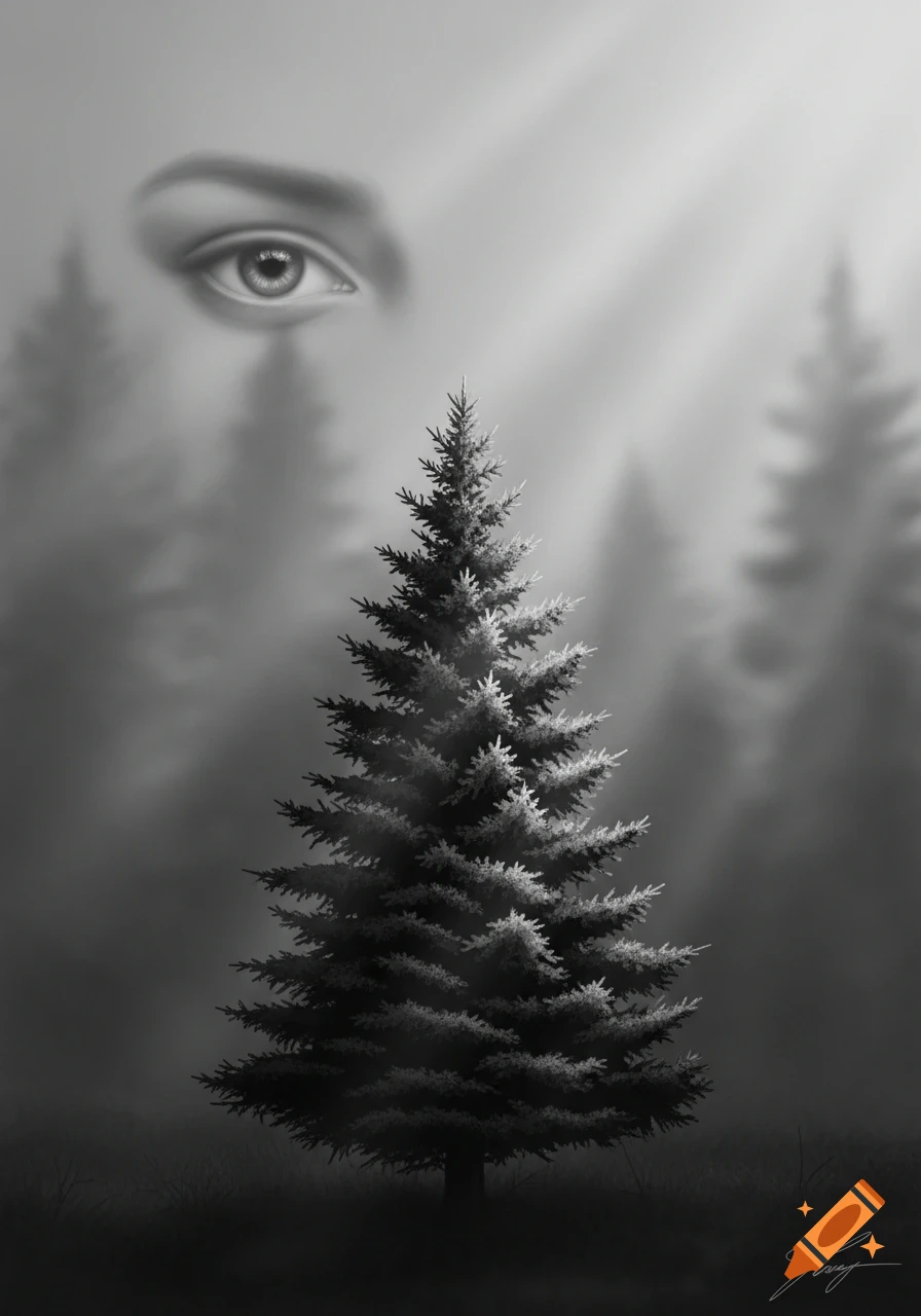 A black and white image of a fir tree in a misty forest, with a subtle human eye gazing from the hazy background.
