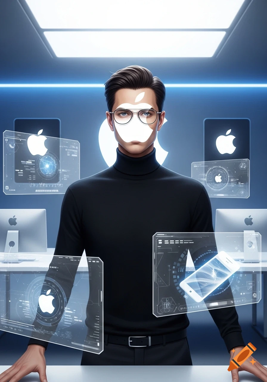 Man with an Apple logo on his face, wearing a black turtleneck, surrounded by futuristic holographic tech interfaces.