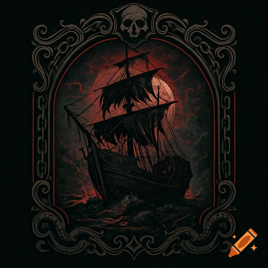 Gothic illustration of a ghostly pirate ship on a stormy, crimson sea, framed by an ornate border with a skull.