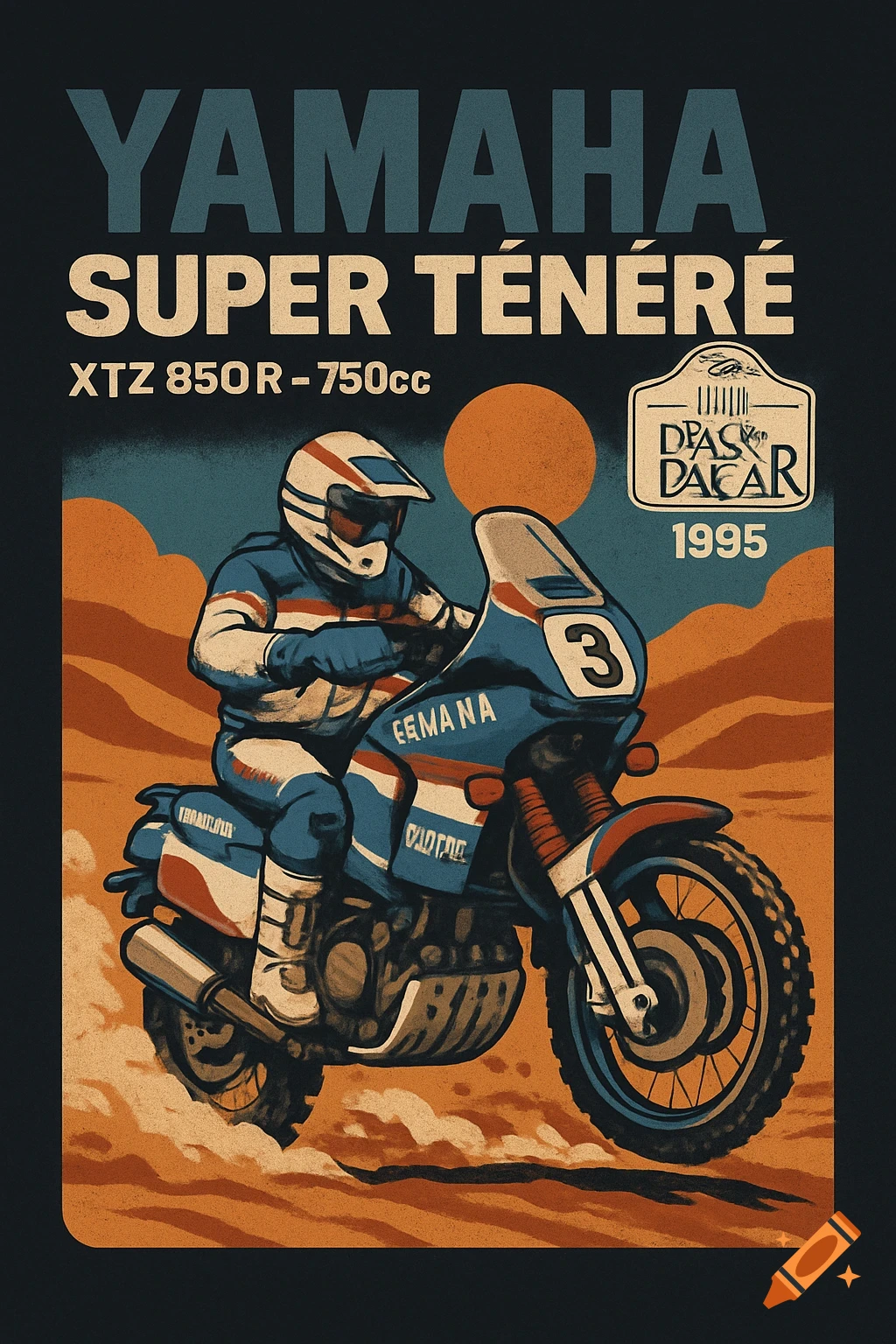 Retro illustration of a Yamaha Super Ténéré XTZ850R rally motorcycle with a pilot, kicking dust in a desert. Text 'YAMAHA SUPER TÉNÉRÉ', 'XTZ 850R - 750cc', 'DAKAR 1995'.
