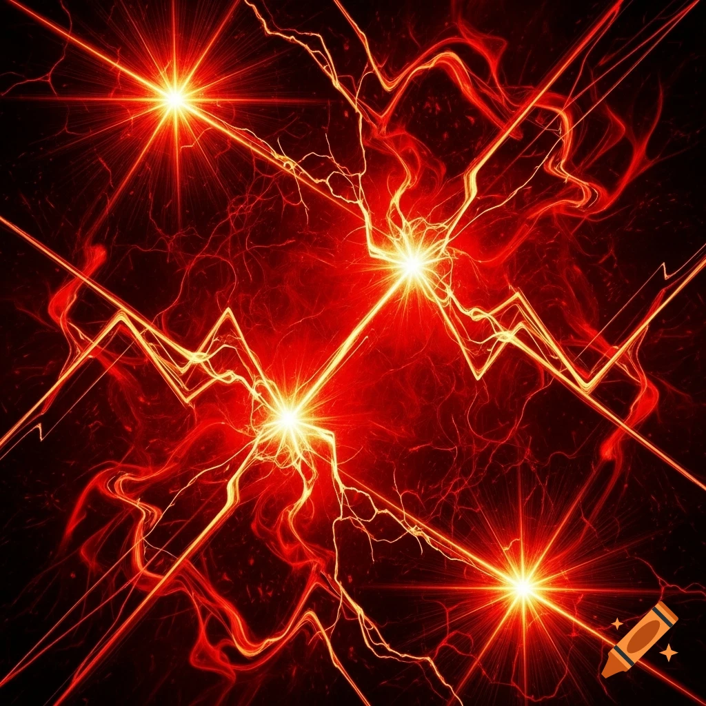 A symmetrical abstract pattern of glowing orange and red starbursts connected by jagged, flame-like lines on a dark background.