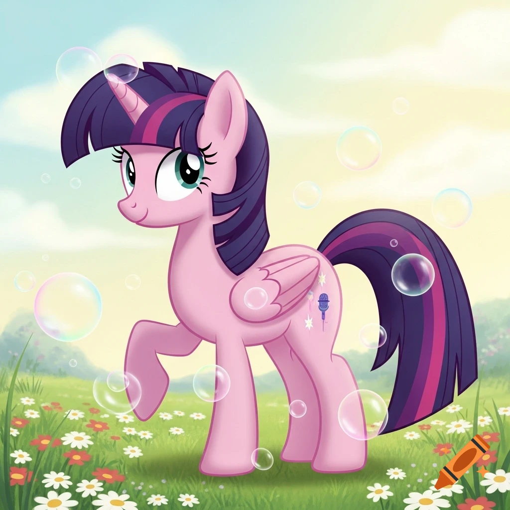 A pink My Little Pony OC with a dark purple mane and a microphone cutie mark, standing in a grassy field with bubbles in a 2D cartoon style.