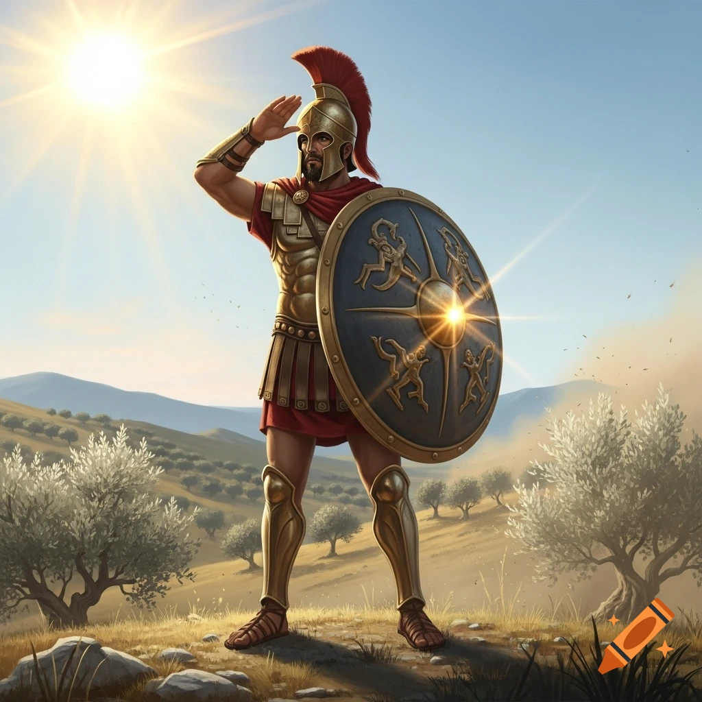 A hoplite warrior in golden armor and a red cape stands under a bright sun, shielding his eyes, holding a decorated shield in a landscape with olive trees.