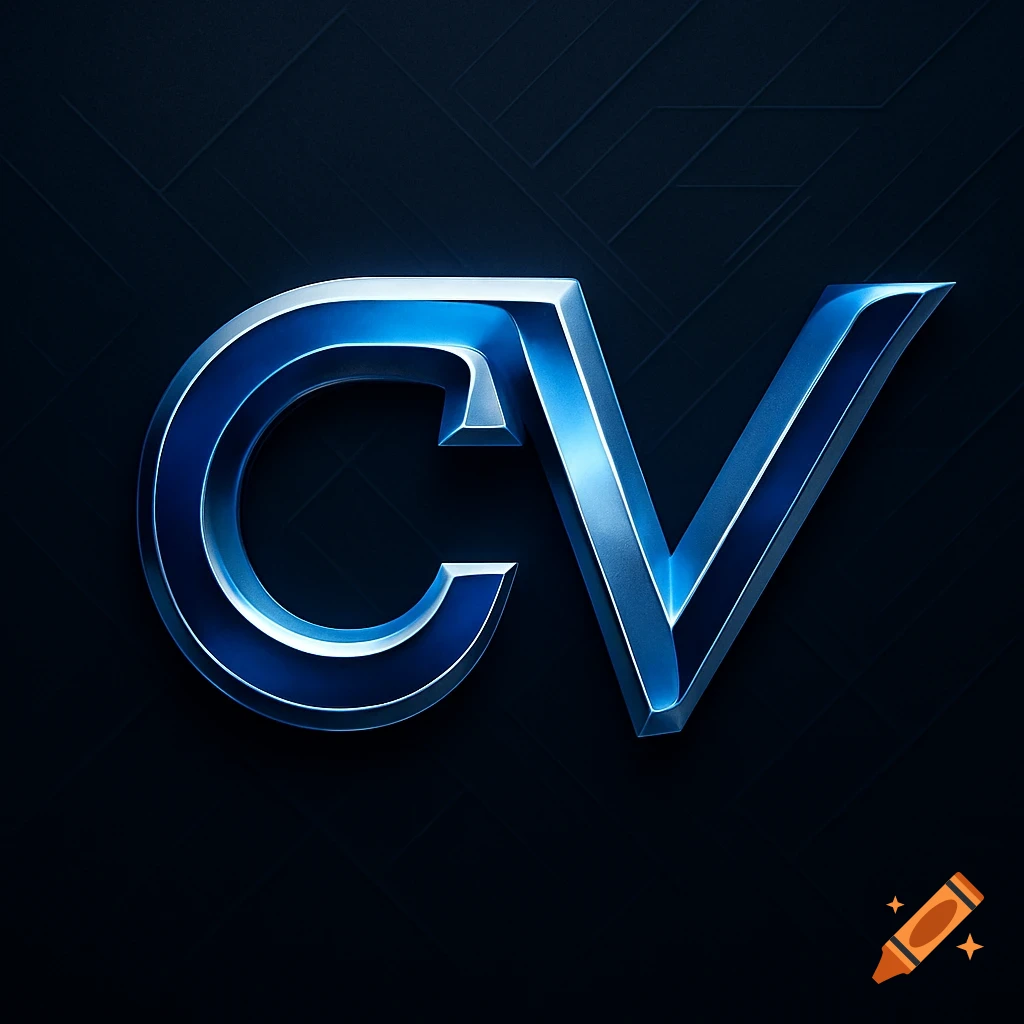 3D metallic blue letters 'CV' logo on a dark, textured background.