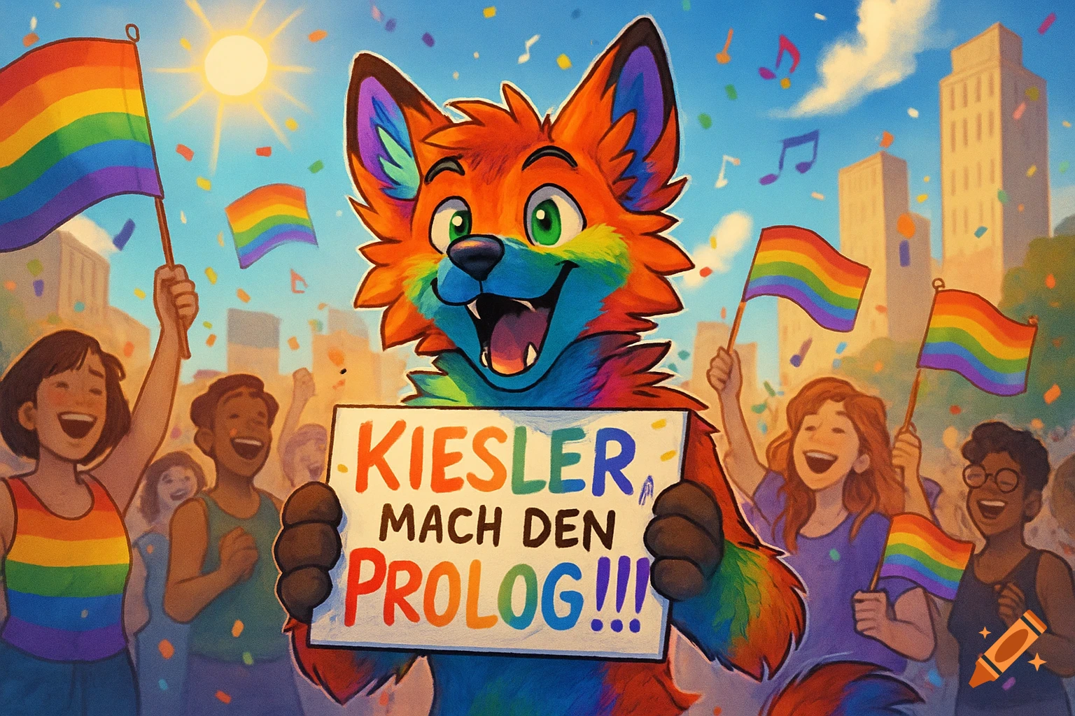 A rainbow-colored furry character holds a sign reading "KIESLER MACH DEN PROLOG!!!" at a pride parade with cheering people and rainbow flags.