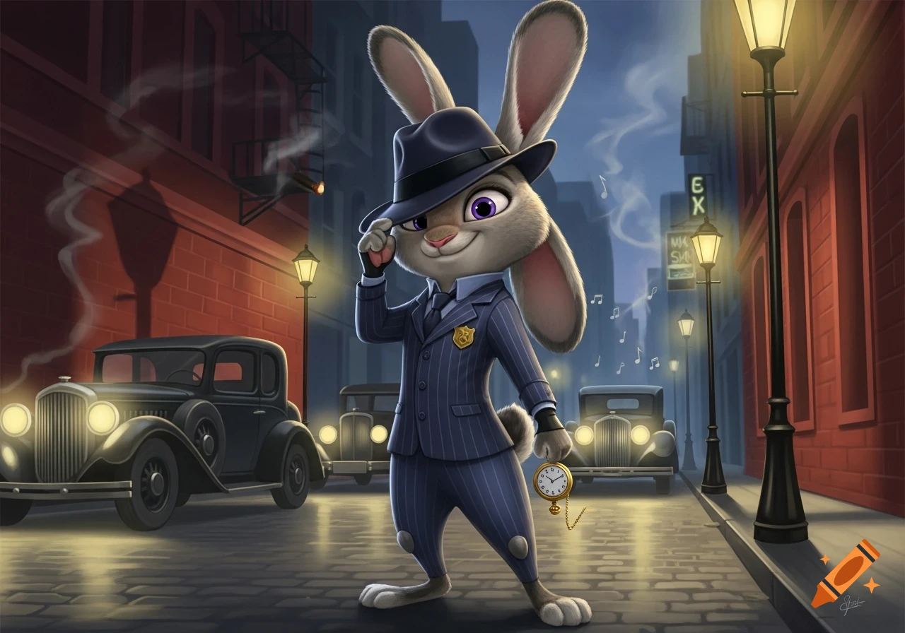 Judy Hopps in a pinstripe gangster suit and fedora tips her hat on a dim city street with vintage cars.