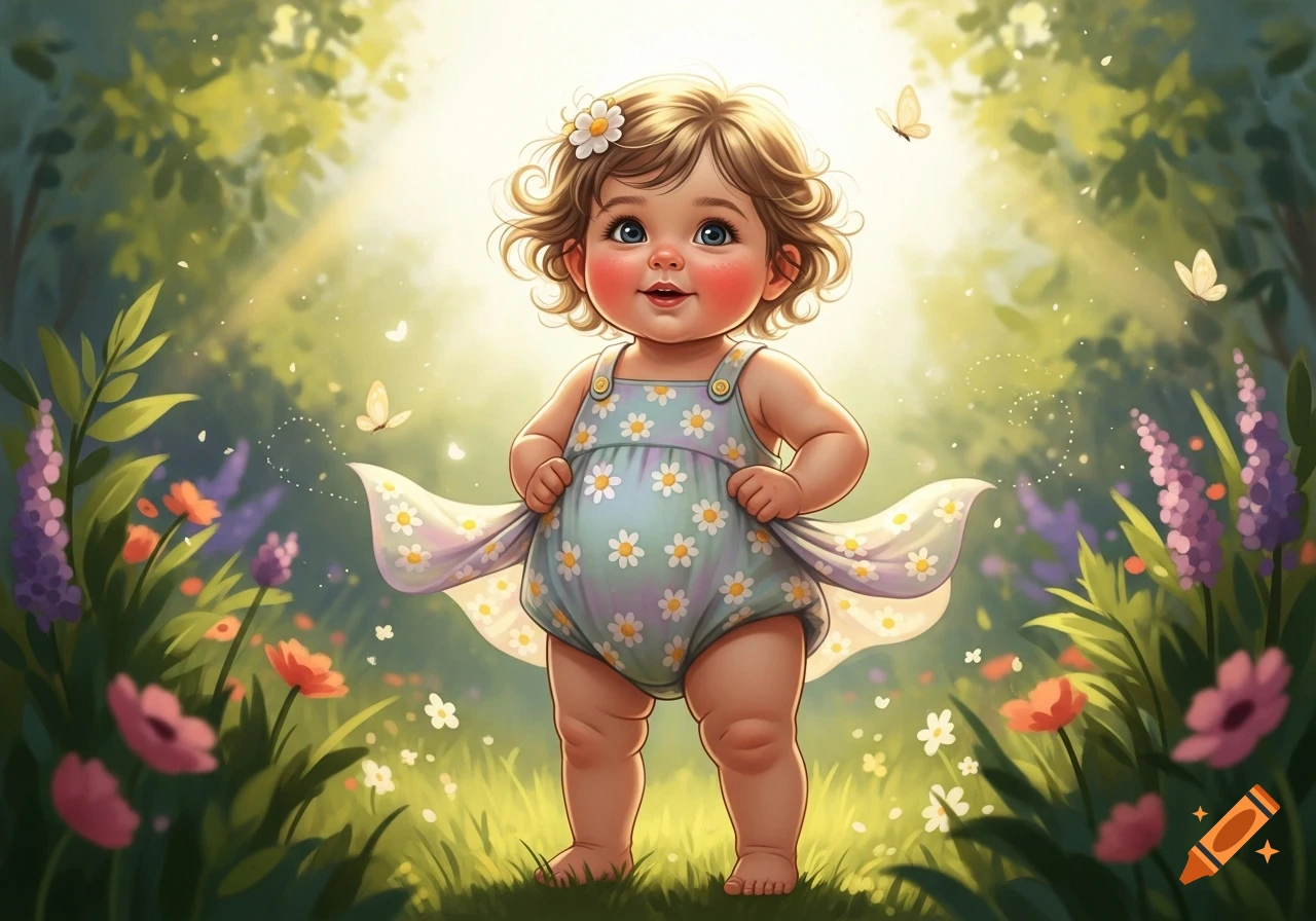 Smiling, chubby toddler in a daisy romper stands in a sunny garden with flowers and butterflies, cartoon illustration.