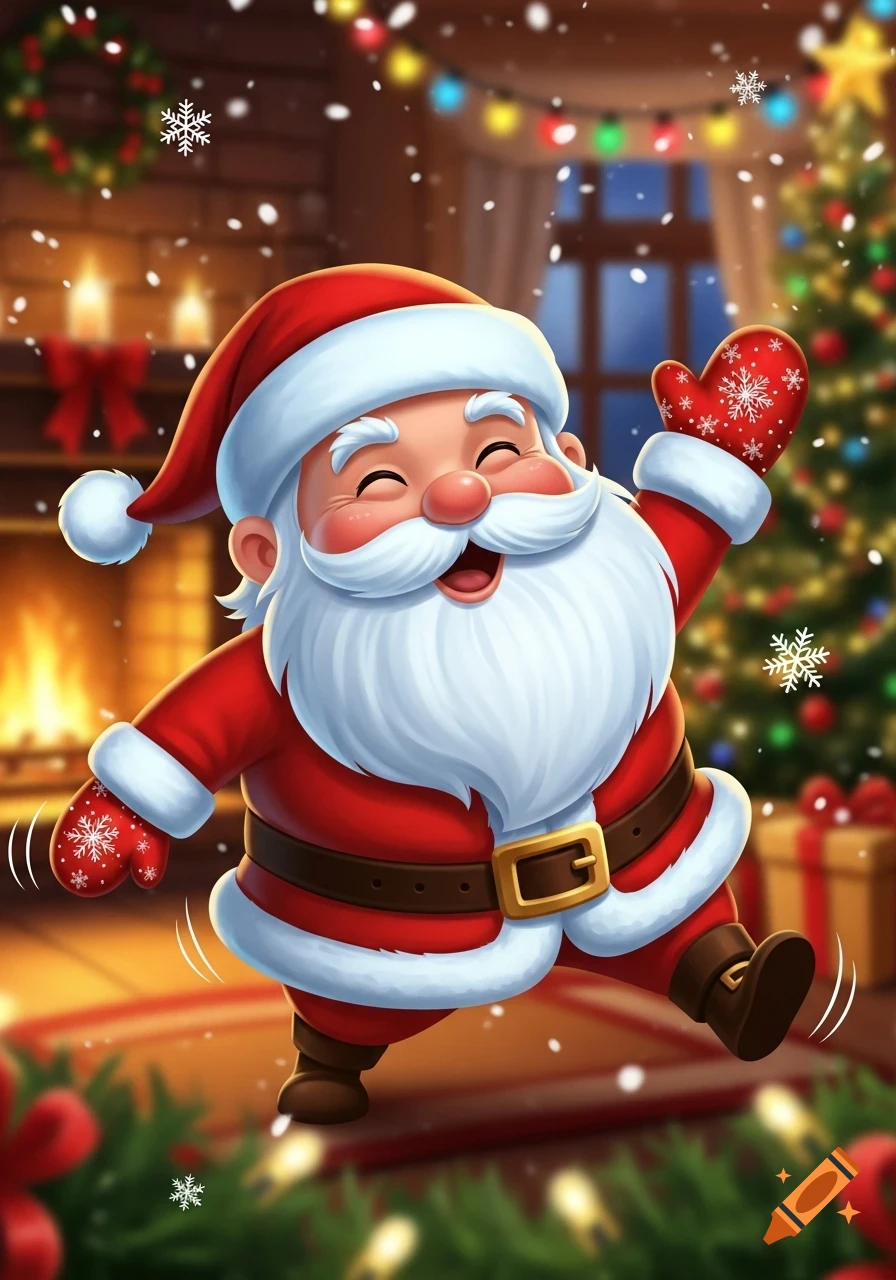 Cheerful cartoon Santa Claus in a festive room with a fireplace, Christmas tree, and falling snowflakes.