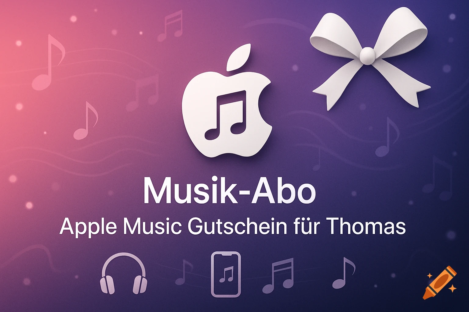 Apple Music gift card featuring the logo, 'Musik-Abo', and 'Apple Music Gutschein für Thomas' on a gradient background with a white ribbon.