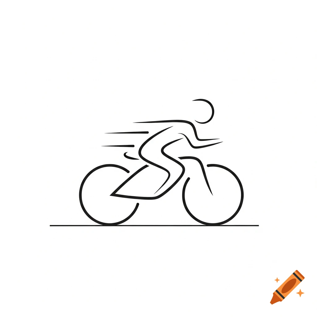 Minimalist line art pictogram of a person on a bicycle, indicating speed.