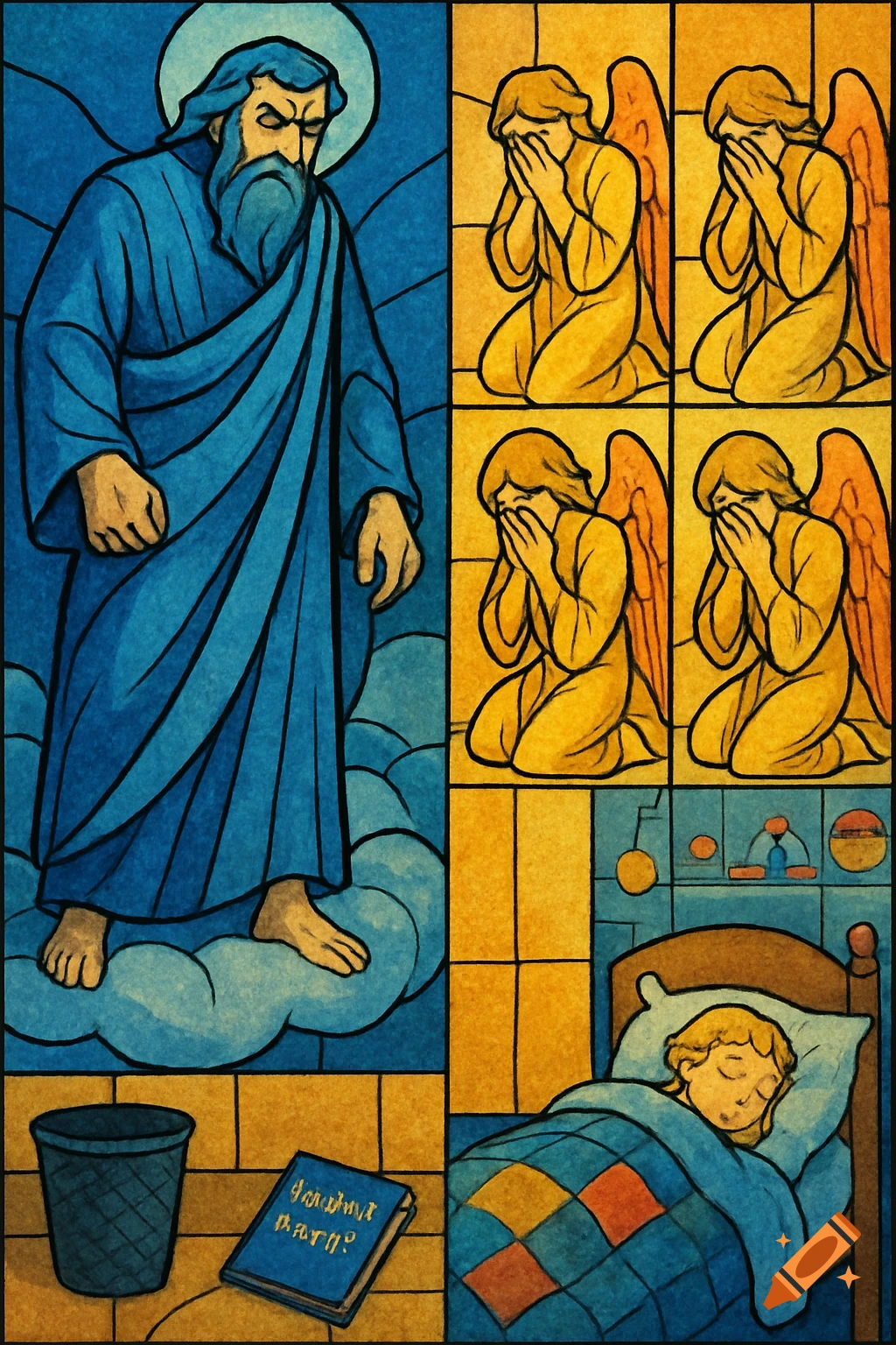Stained glass art depicts an angry, blue-robed figure above crying angels and a sleeping child.
