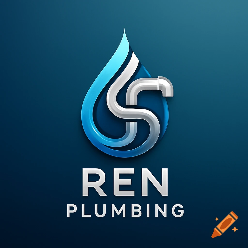 A blue and silver logo for REN PLUMBING, featuring a stylized water drop with intertwined pipes.