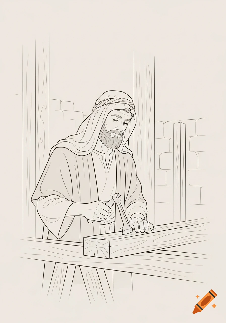 Simple line art illustration of Joseph the carpenter from the Bible, working on a wooden beam with a hand tool.