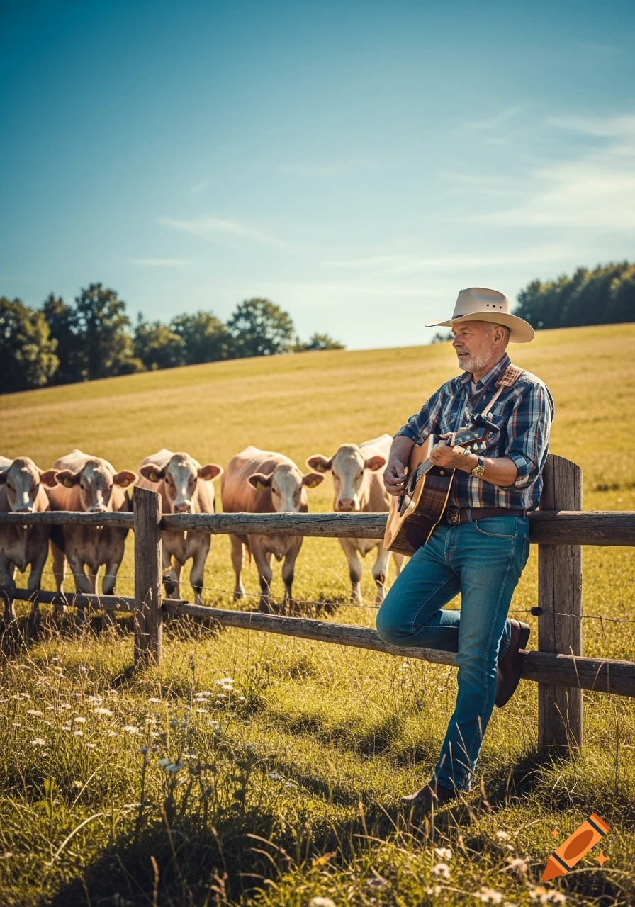 A man in a cowboy hat and plaid shirt plays an acoustic guitar by a wooden fence in a sunny field, with several cows watching behind him.
