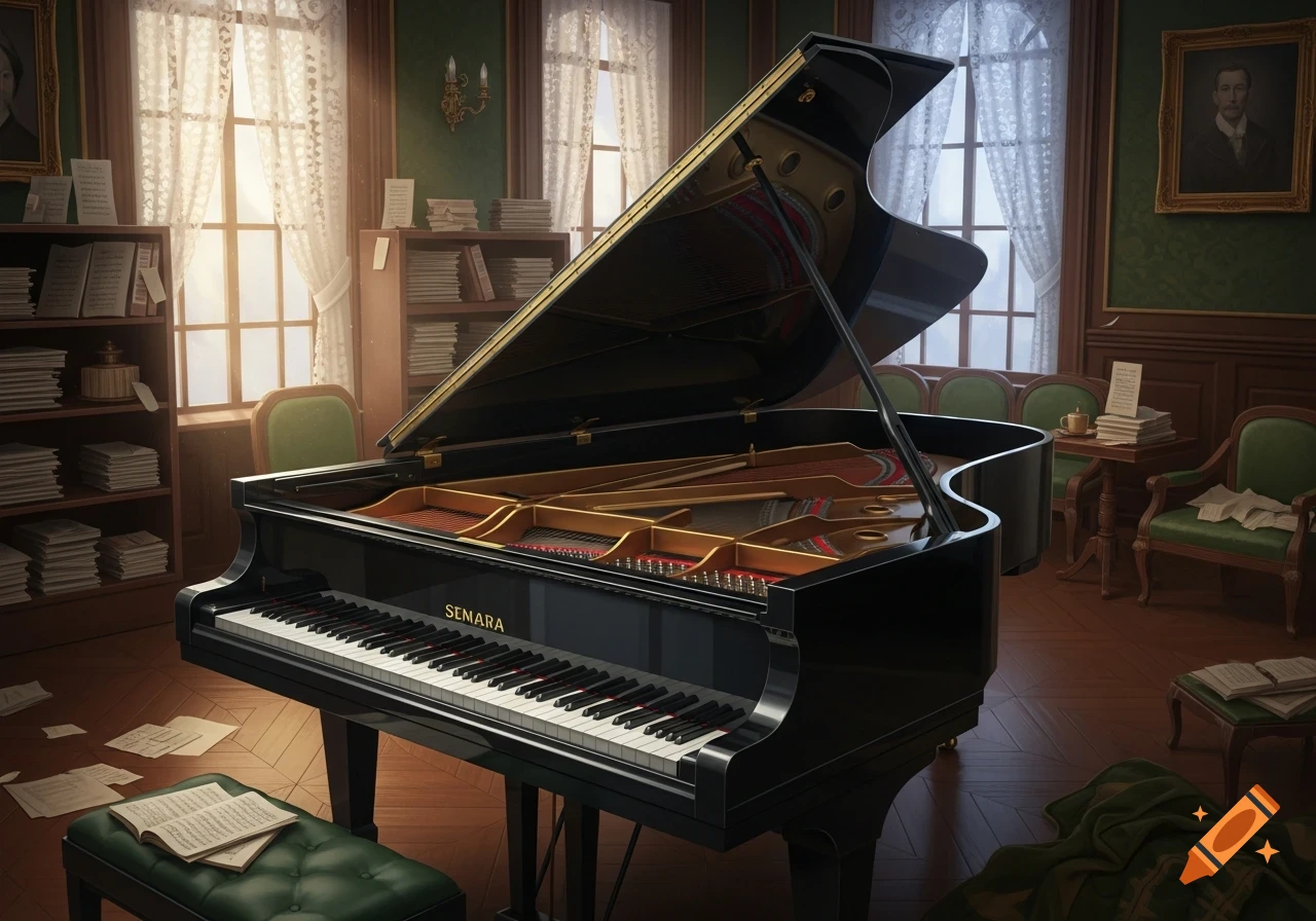 A grand piano in a formal green room with bookshelves, ornate chairs, and large windows. Music sheets are scattered on the floor and stool. Photorealistic style.