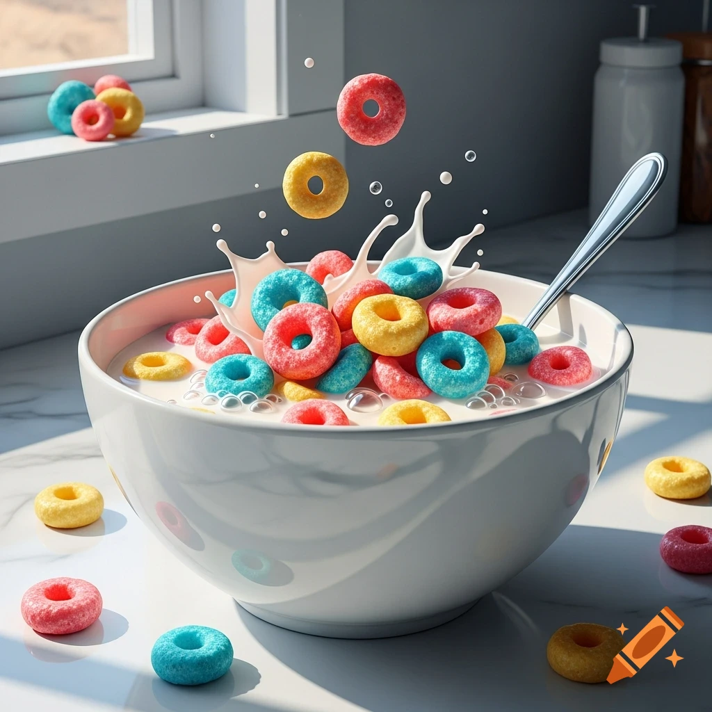 A close-up shot of colorful round cereal with milk splashing in a white bowl, with a spoon and scattered cereal pieces on a sunlit counter.