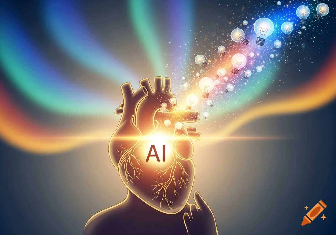 Stylized human heart with glowing AI text, emitting lightbulbs and ideas in vibrant blue, gold, and orange digital art.