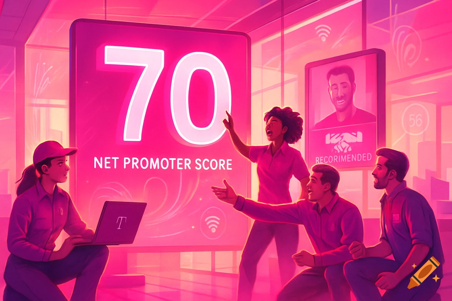 Team celebrating a Net Promoter Score of 70 in a modern, pink-hued service center, with a large glowing display.