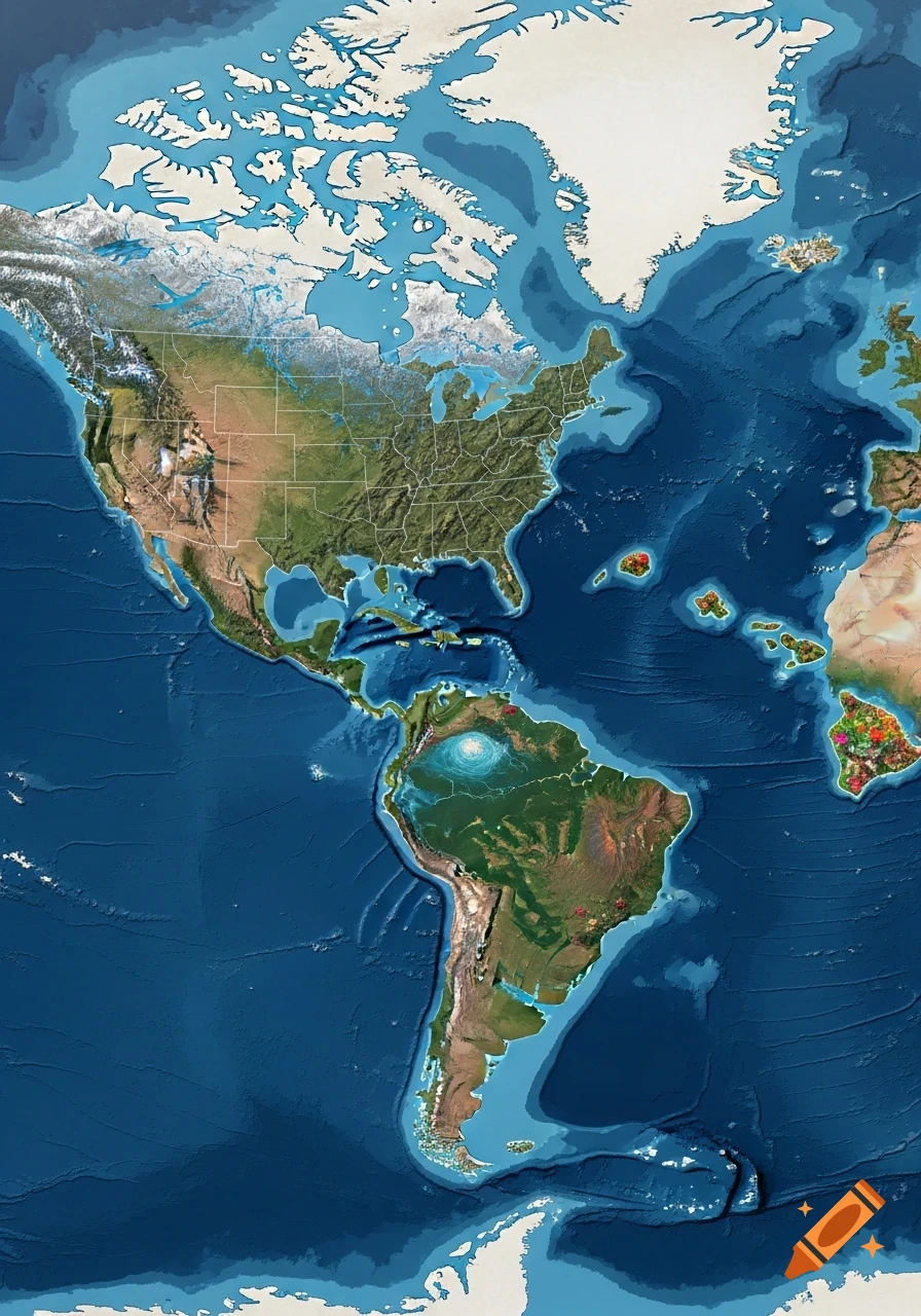 Stylized map showing North and South America, Greenland, and parts of Europe/Africa. Most of the USA, excluding Alaska, Hawaii, and Puerto Rico, is replaced by ocean, depicting a submerged coastline.