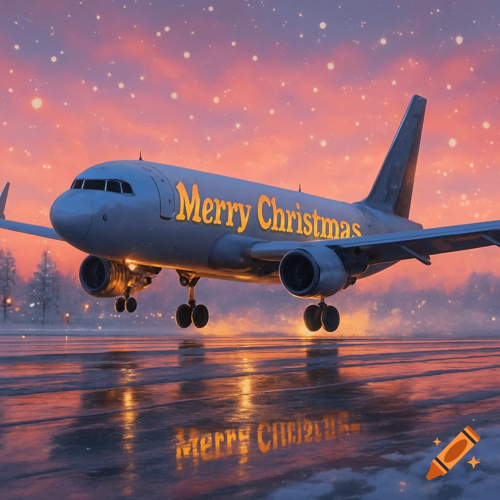 A white cargo plane with 'Merry Christmas' in gold letters on its side lands on a wet runway under a pink and orange sunset with falling snow.