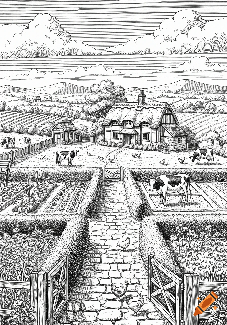 Black and white pen and ink drawing of an idyllic farm with a thatched cottage, cows, chickens, and a formal garden path.