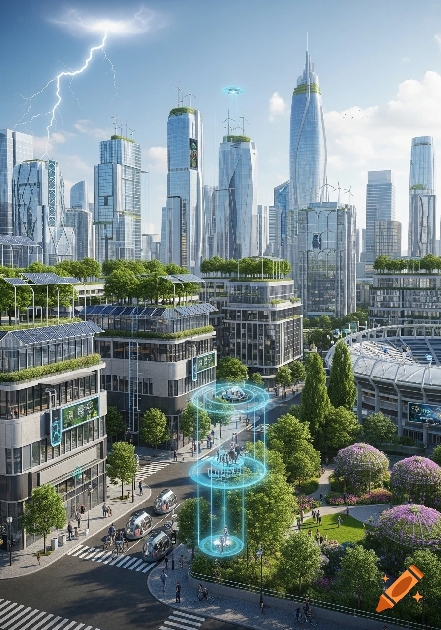A vibrant, green futuristic city with towering skyscrapers, rooftop gardens, solar panels, wind turbines, and glowing transportation systems.