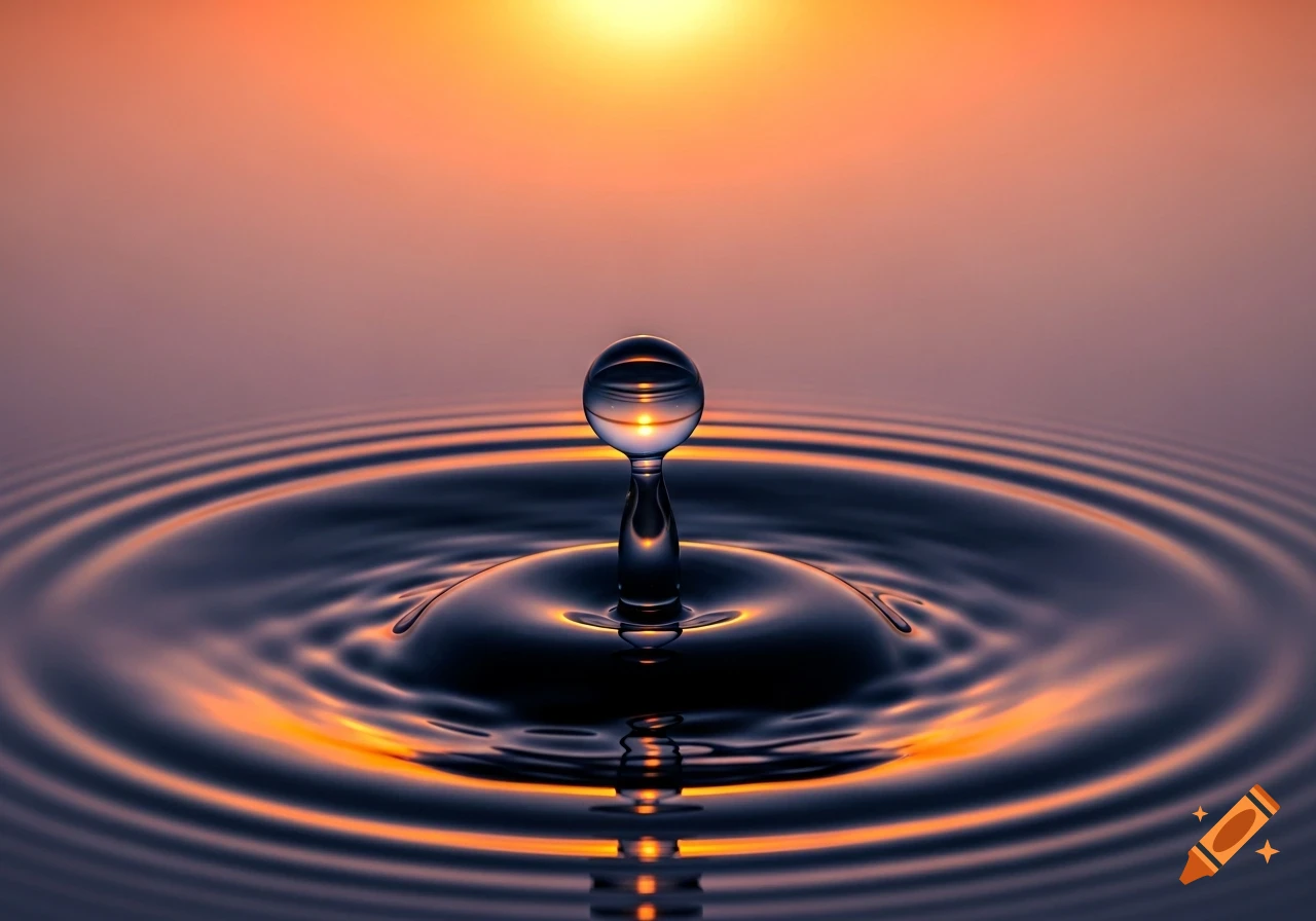 A single water drop splashes upwards from calm water, creating concentric ripples, set against a sunset sky reflecting orange and purple hues.
