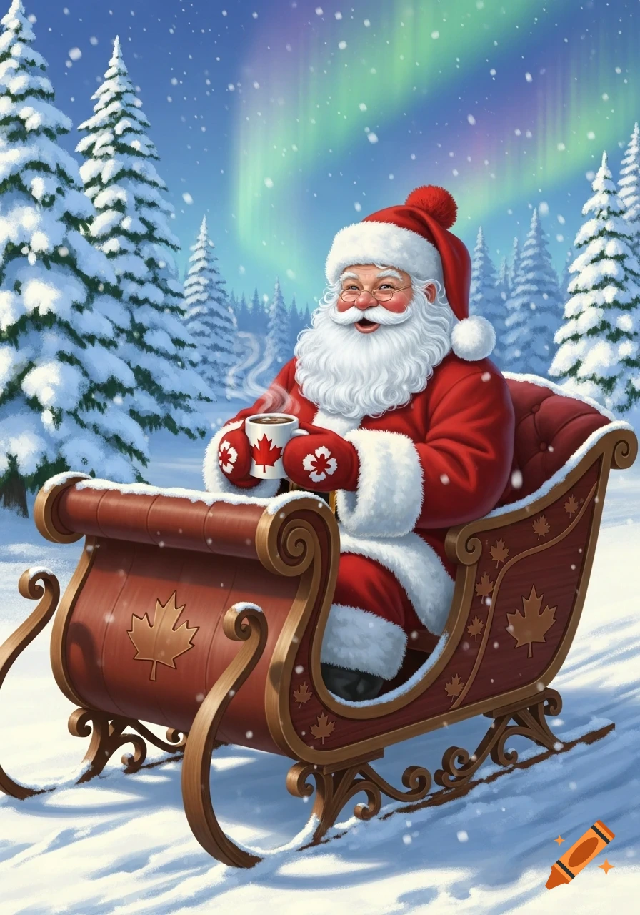 A jolly Santa Claus in a red suit and hat sits in a wooden sleigh, holding a steaming mug with a Canadian maple leaf, surrounded by snowy pine trees under the Northern Lights.