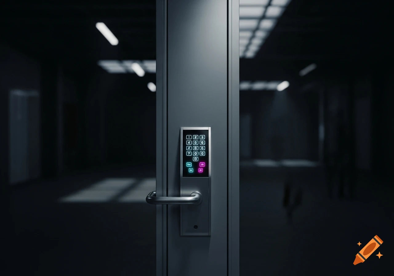 Close-up of a modern security door with an illuminated keypad in a dark, minimalist interior, photorealistic.