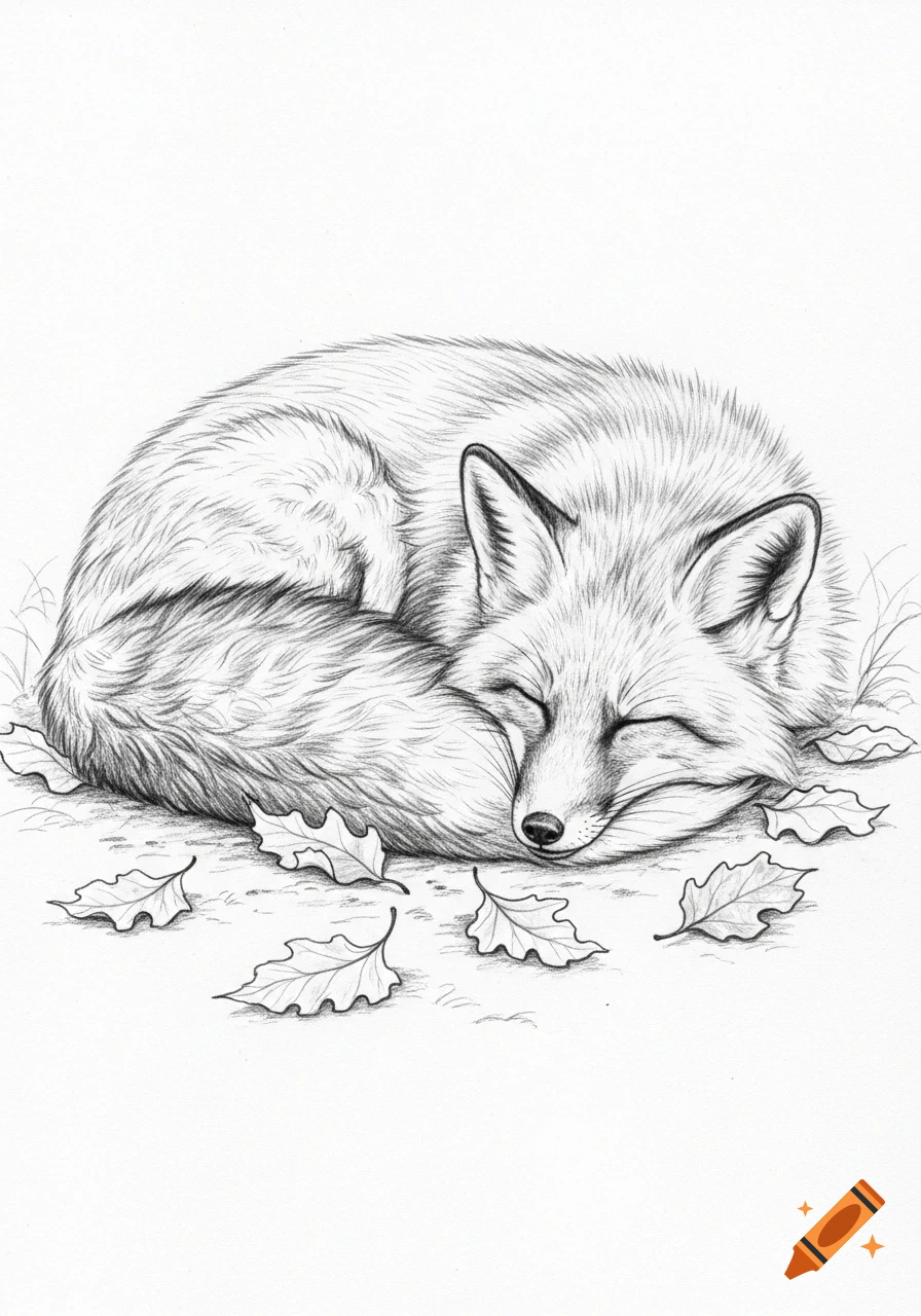 A detailed pencil sketch of a sleeping fox curled up on the ground surrounded by fallen leaves.