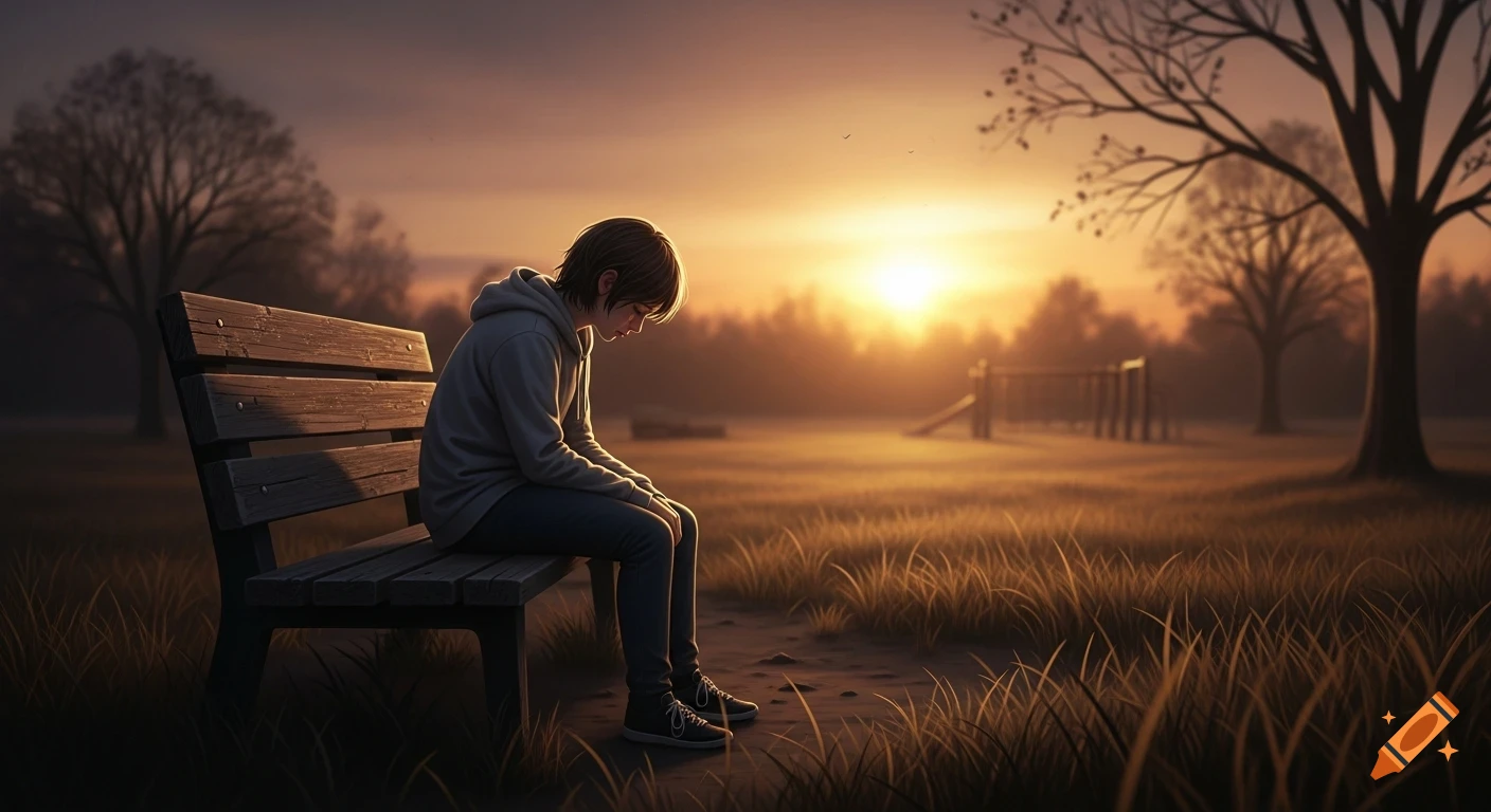 A sad young person sits alone on a wooden bench in a park at sunset, head bowed.