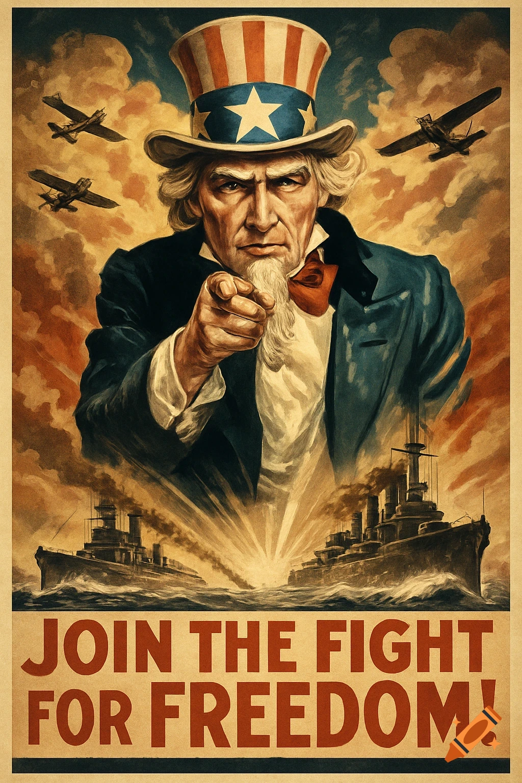 Vintage propaganda poster of Uncle Sam pointing, flanked by airplanes and battleships, with 'JOIN THE FIGHT FOR FREEDOM!' text.