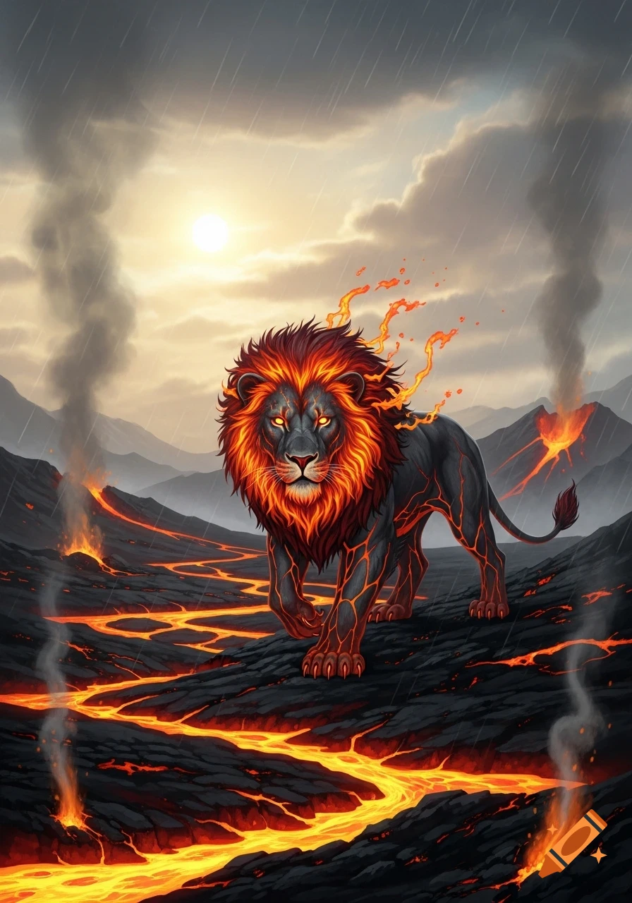 A majestic lava lion with a fiery mane and glowing eyes stands on a volcanic landscape filled with flowing lava under a cloudy, rainy sky.