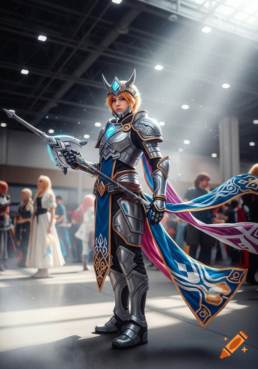 A person in detailed silver and blue fantasy armor with a flowing cape holds a glowing spear at a convention.