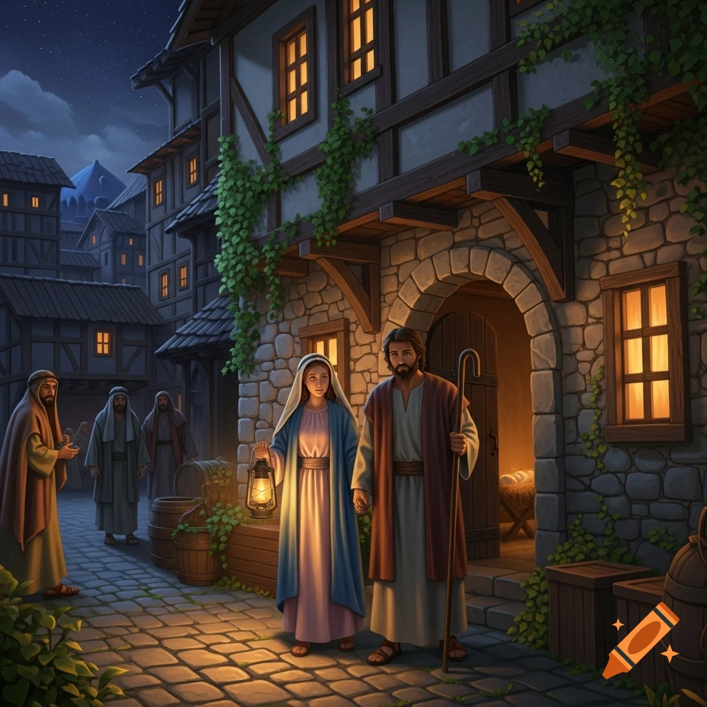 Mary and Joseph, Mary holding a lantern, stand before an inn in a cobblestone town at night, with other figures in the background.
