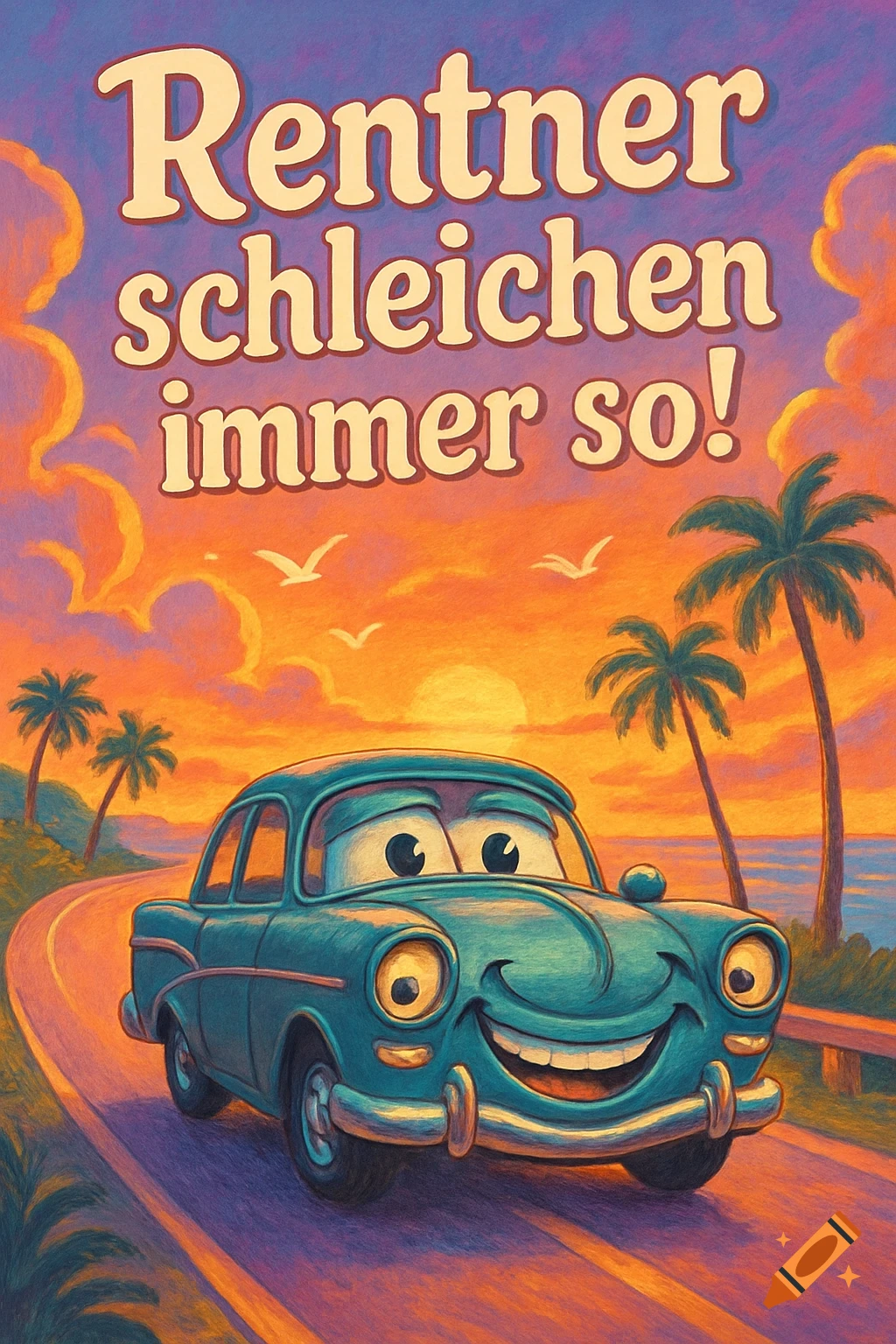 A smiling blue cartoon car drives on a winding coastal road into a vibrant sunset, with text that reads 'Rentner schleichen immer so!' and palm trees.