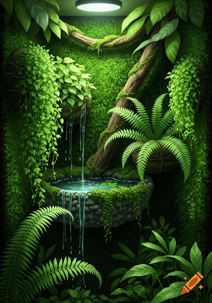 A lush green terrarium with a small waterfall cascading into a pond, surrounded by various ferns and climbing plants. A light illuminates the top.
