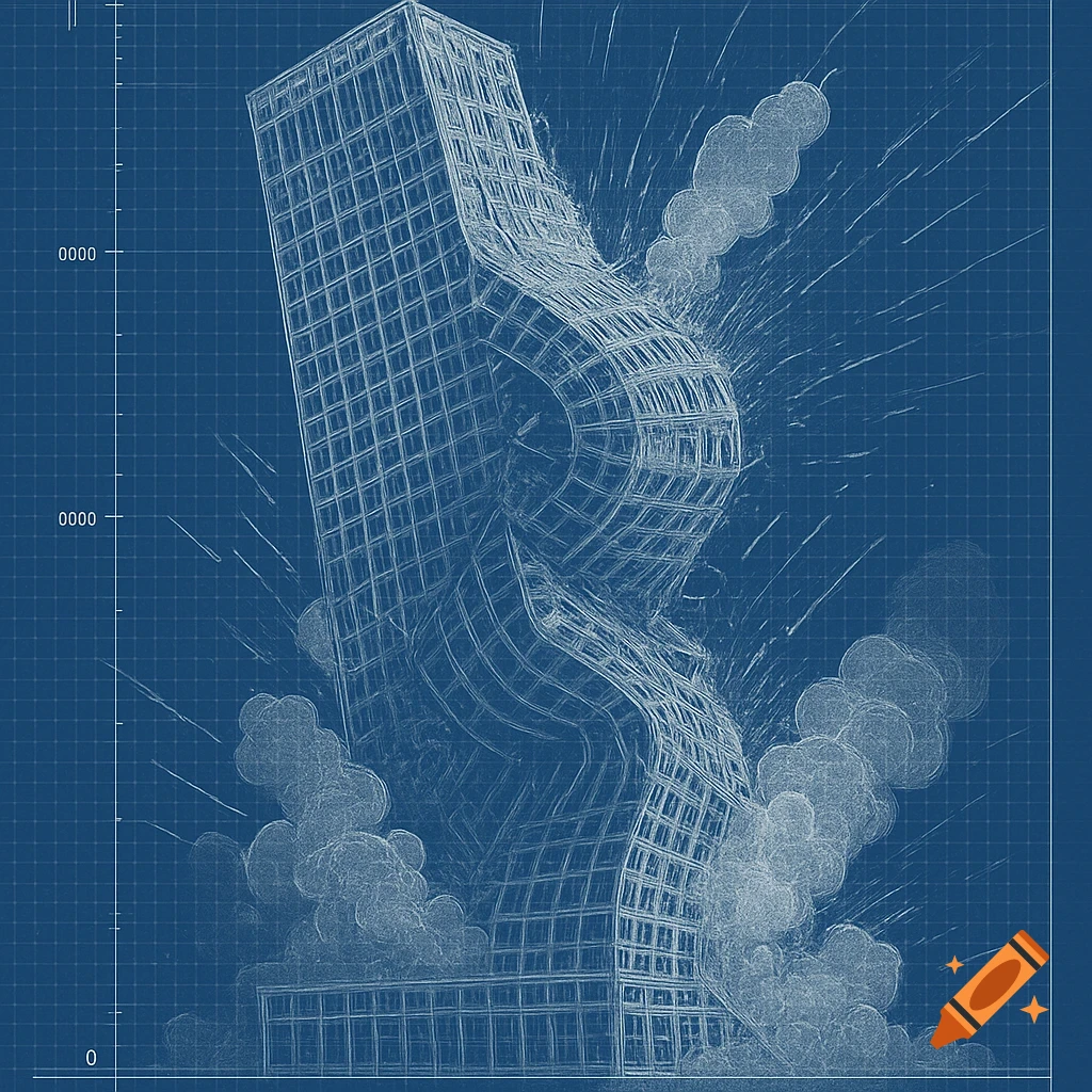 A detailed blueprint shows a tall building collapsing and crushing on itself, with smoke and debris.
