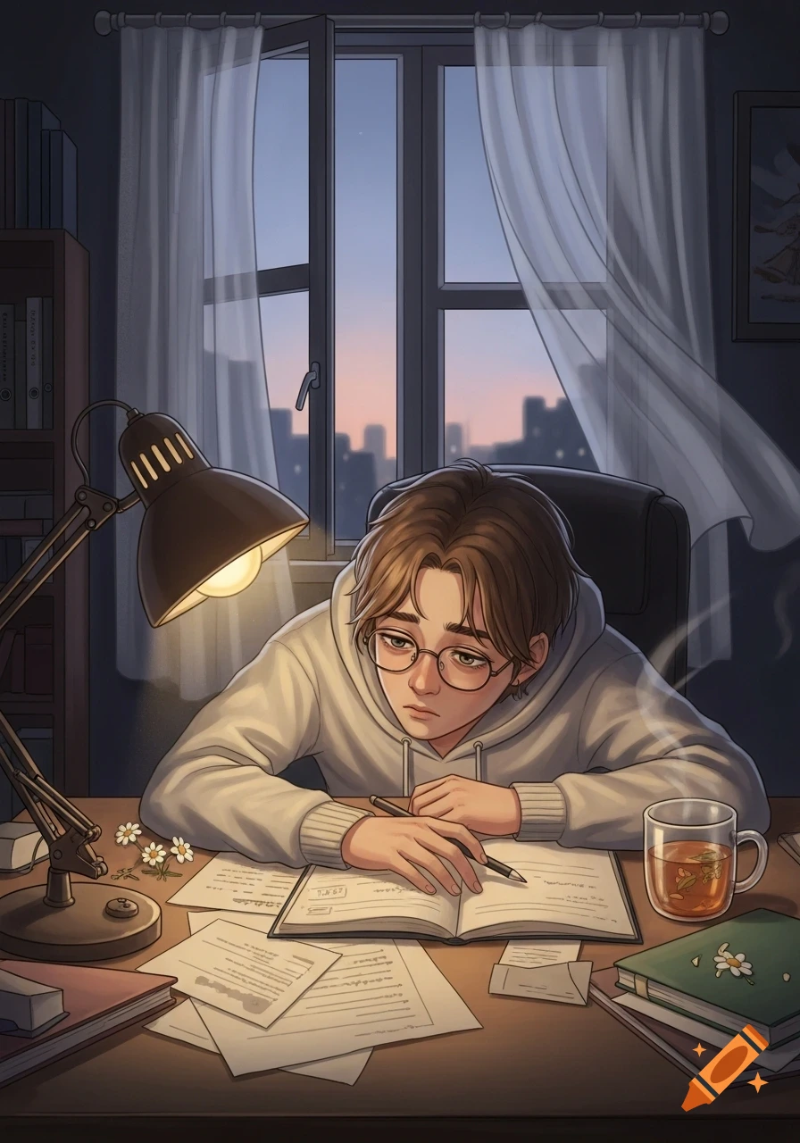 A tired young person with glasses sits at a desk, writing in a book under a desk lamp, with an evening cityscape visible outside the window in an anime illustration style.