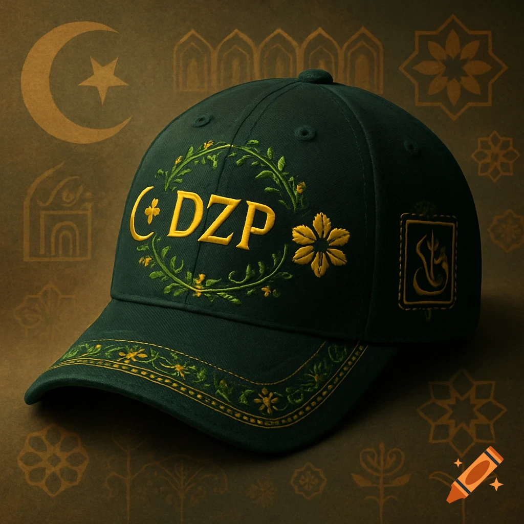 Dark green baseball cap with yellow 'DZP' text and floral embroidery, against a background with cultural patterns including a crescent moon and star.