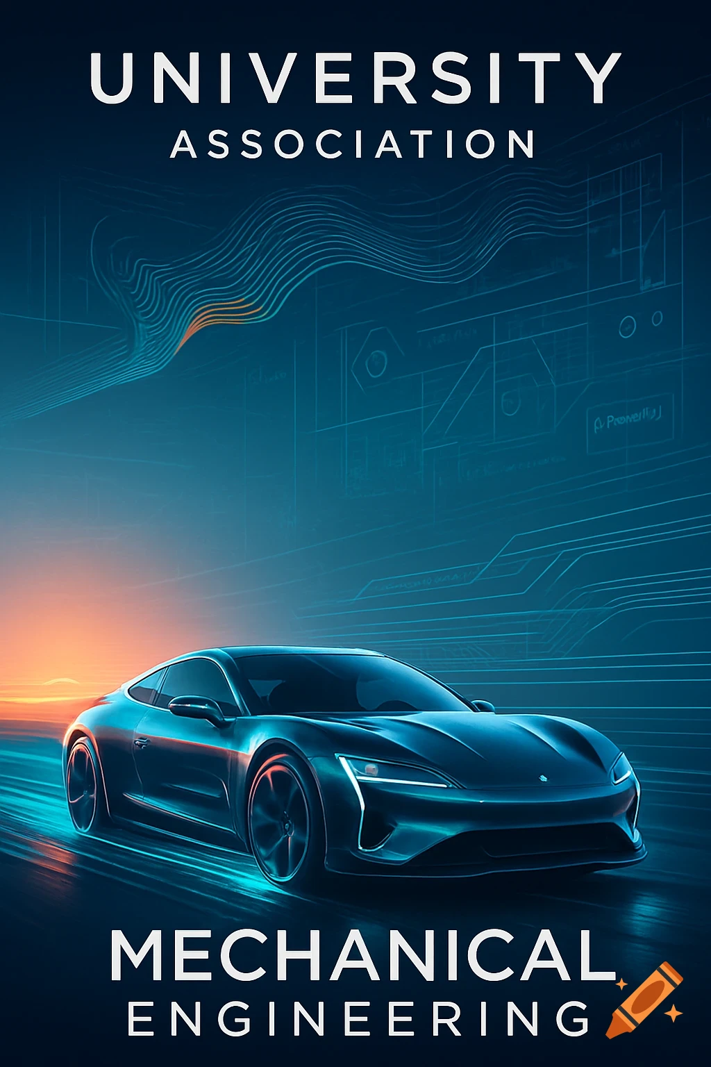 Digital art poster of a sleek blue sports car with glowing lines, abstract schematics, and 'UNIVERSITY ASSOCIATION MECHANICAL ENGINEERING' text.