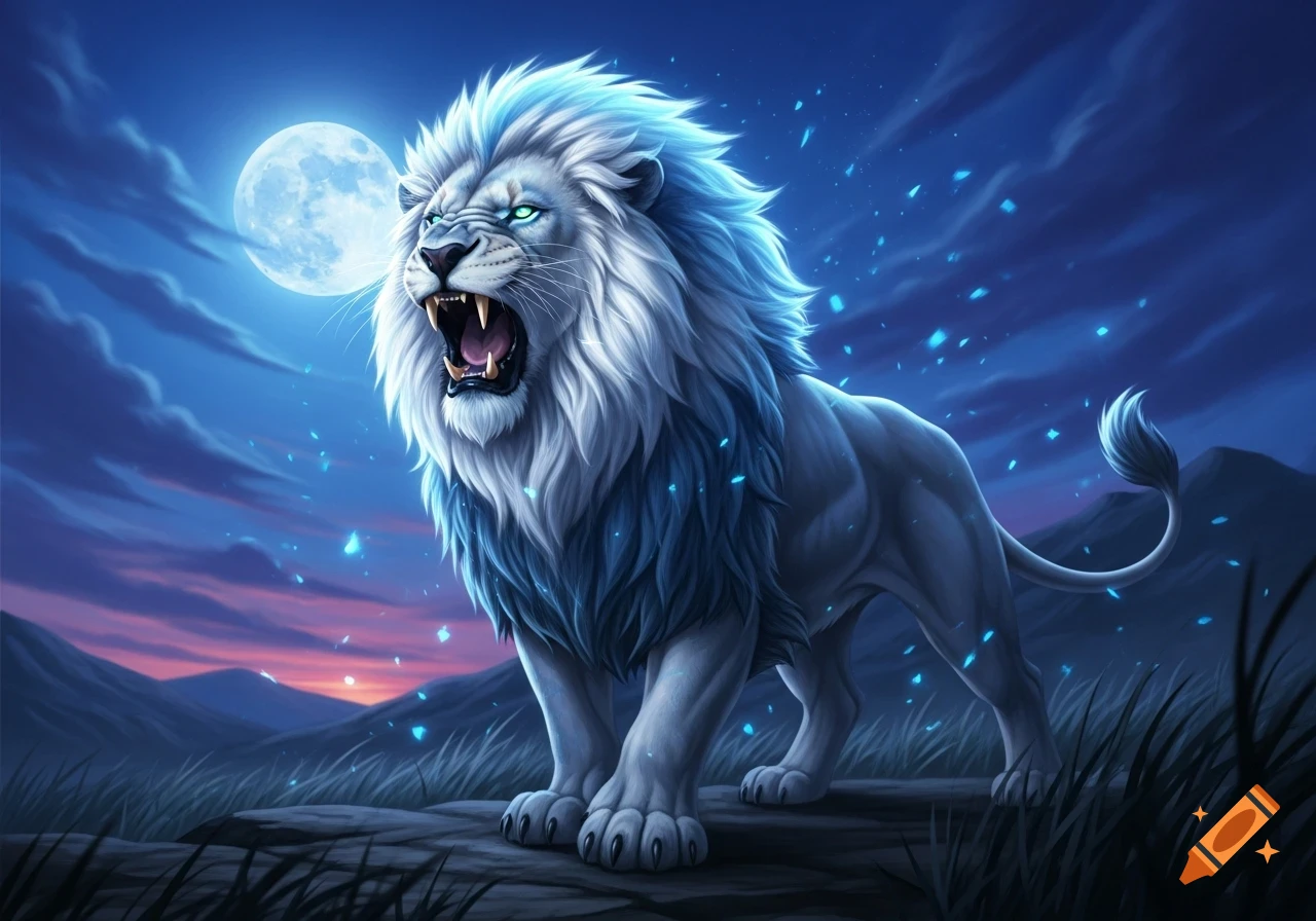 A majestic white and blue lion roars on a rocky outcrop under a full moon and starry night sky.